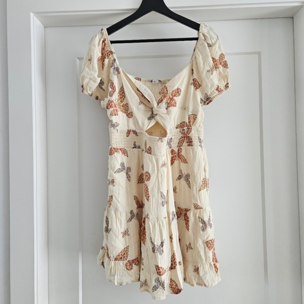 Cream Floral Knot-Front Mini Dress